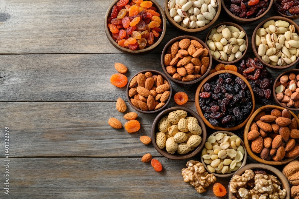An overhead shot of various dried fruits and nuts in wooden bowls on a rustic wooden surface top view An overhead shot of various dried fruits and nuts in wooden bowls on a rustic wooden surface top view