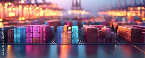 Futuristic blockchain powered shipping port with cybersecurity logistics data networks and space for text overlay  Concept of modern transportation global trade and supply chain efficiency photo