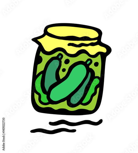 Vector color illustration of a jar with pickled cucumbers on a white isolated background
