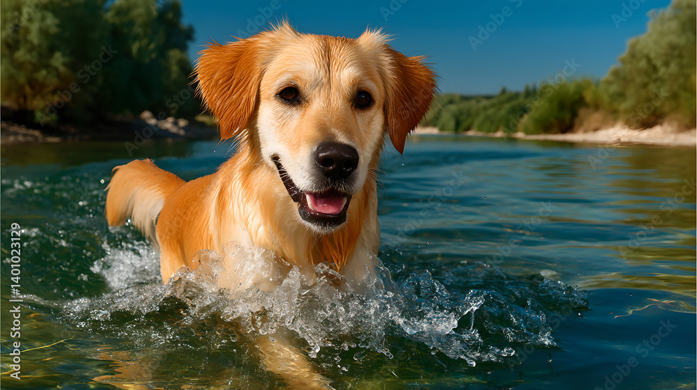 Golden Retriever Dog Joyfully Playing in a Sunny River Golden Retriever Dog Joyfully Playing in a Sunny River