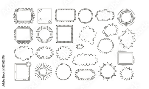Modern vector collection of hand-drawn decorative frames and design elements, easily editable.