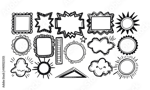 Modern vector collection of hand-drawn decorative frames and design elements, easily editable.