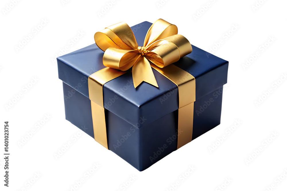 A gold gift box with a red ribbon and bow, isolated for any holiday celebration surprise