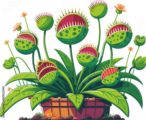 A vibrant illustration of carnivorous Venus flytrap plants in a terracotta pot. photo