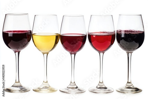 Five wine glasses filled with red white and rose wine varieties in a row on a white background