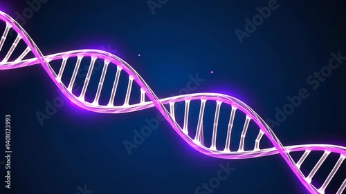 Glowing pink DNA double helix, isolated against a dark blue backdrop for science or medical themed background, illustration, rendering.