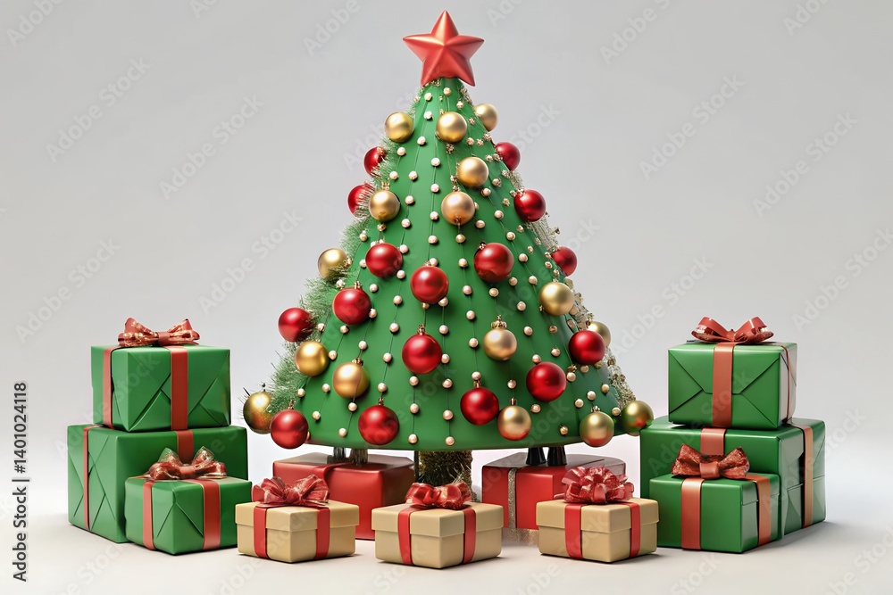 A festive Christmas tree adorned with red and gold ornaments surrounded by neatly wrapped presents, creating a warm and joyful holiday scene against a minimalist background. A festive Christmas tree adorned with red and gold ornaments surrounded by neatly wrapped presents, creating a warm and joyful holiday scene against a minimalist background.