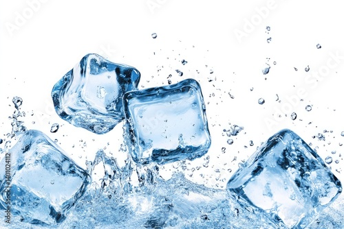 Close up shot of four ice cubes with water splashing around them on a clean white background