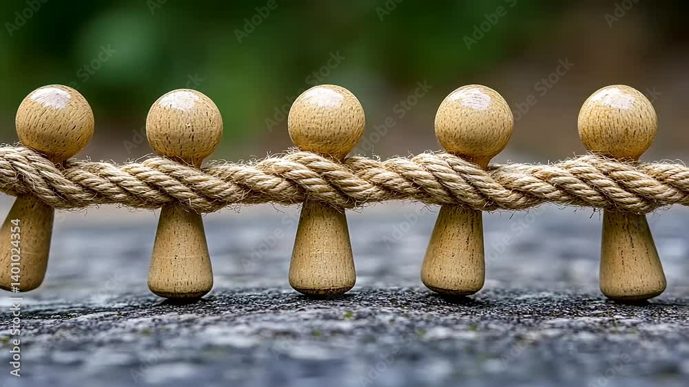 Wooden figures lined up along a twisted rope on a rustic surface, showcasing teamwork in nature