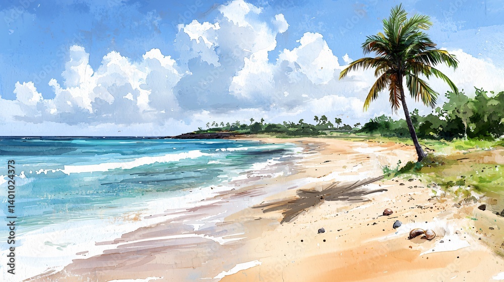 Tropical Beach Scene with Palm Tree and Ocean Waves Under a Blue Sky Tropical Beach Scene with Palm Tree and Ocean Waves Under a Blue Sky
