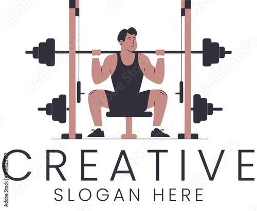 Strong Man Weightlifting Gym Fitness Exercise Workout Design logo icon flat power squat   