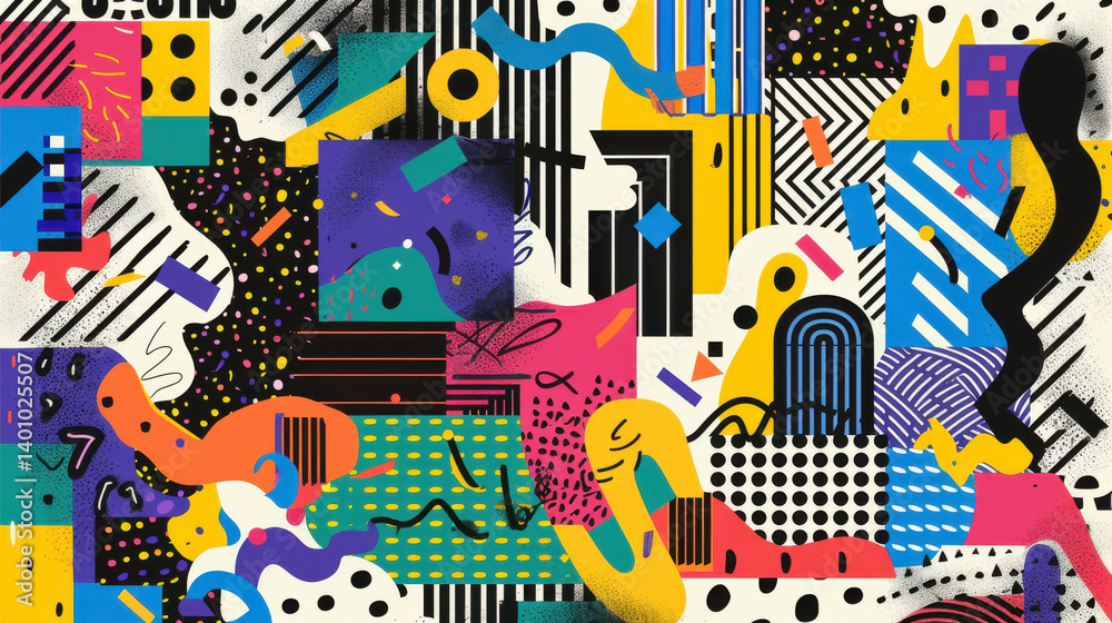 Colorful abstract pattern featuring geometric shapes, lines, and vibrant colors. design includes various textures and playful elements, creating lively and dynamic visual experience Colorful abstract pattern featuring geometric shapes, lines, and vibrant colors. design includes various textures and playful elements, creating lively and dynamic visual experience