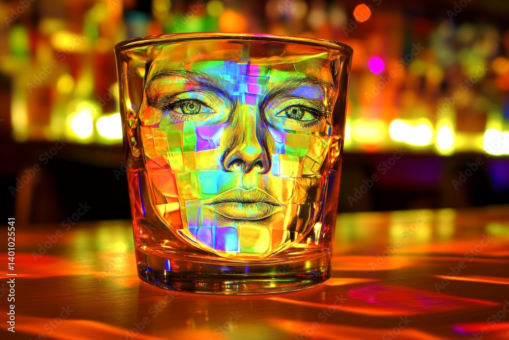 Artistic hallucination. Metaphorical alcohol withdrawal awareness of a mental illusion. Brain glitch. Surreal therapy. Hallucination - due to alcohol withdrawal: abstract image of mental state.