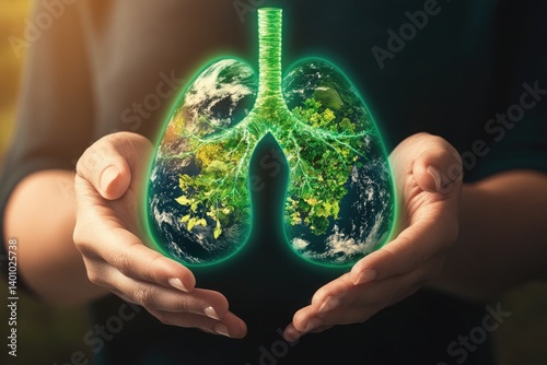 Hands holding lungs shaped like earth with trees symbolizing respiratory health and environmental awareness