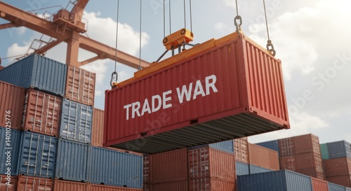 Crane Lifting Red Shipping Container Marked Trade War at Busy Port