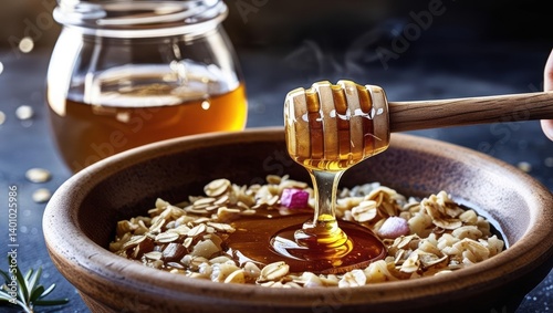 A Honey Dipper Dripping Honey Into A Bowl Of Oatmeal, Resting On The Edge Of A Jar.
