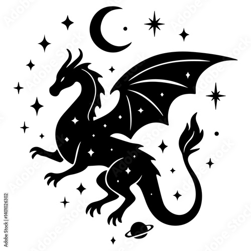 Silhouetted dragon with wings surrounded by stars, moon and planet, mystical space fantasy style, black and white vector illustration.