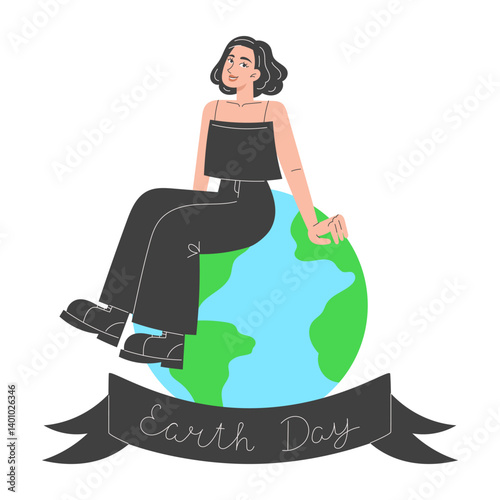 Young woman sitting on the Earth. Flat vector illustration for Earth Day, sustainability, and nature protection.