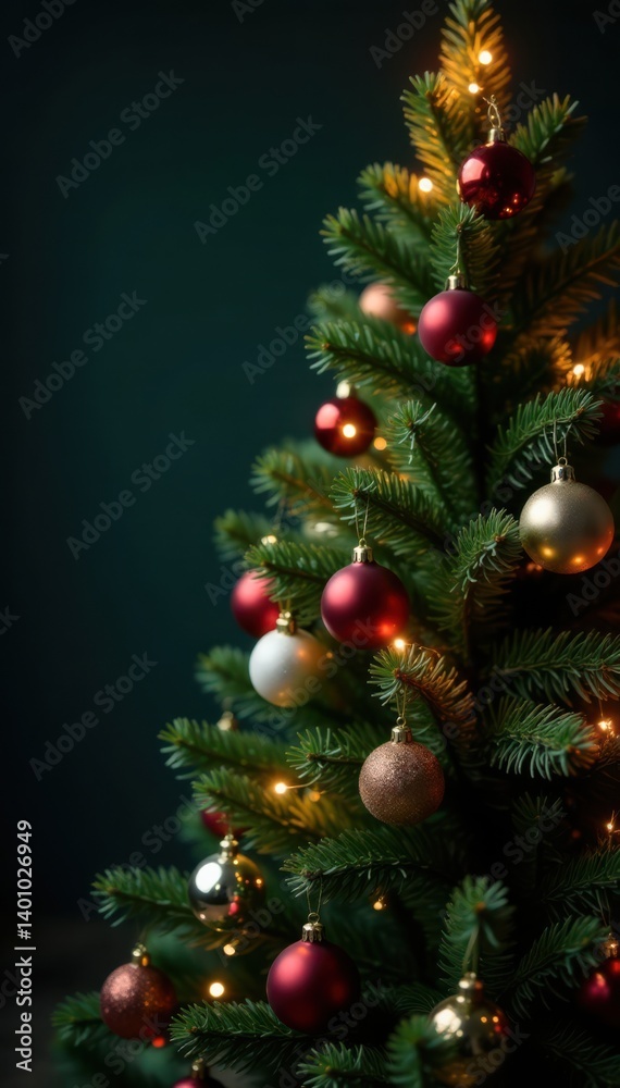 Evergreen Christmas tree with sparkling ornaments and soft glowing lights on a dark background, Indoor scene, Baubles Evergreen Christmas tree with sparkling ornaments and soft glowing lights on a dark background, Indoor scene, Baubles