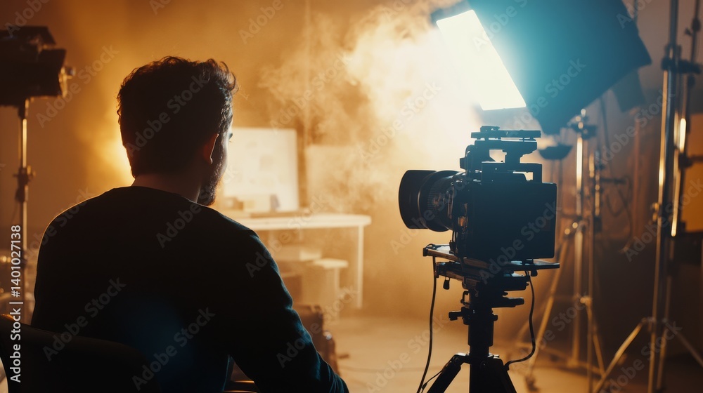 Fototapeta premium In a vibrant studio, a dedicated film producer uses innovative equipment and dynamic lighting to capture creative moments while collaborating with talented artists and industry professionals