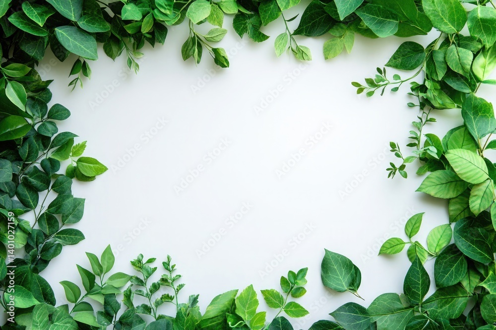 Fototapeta premium Lush green foliage frame on white background creating a natural and vibrant border for design space