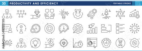 A set of line icons related to Productivity and efficiency. Productive, time, punctual, hourglass, gear, core values, target, work, and so on. Vector editable stroke.
