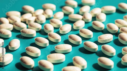 Close-Up View Of White Pills Scattered On A Teal Background, Highlighting Their Smooth Texture And Uniform Shape, Representing Pharmaceutical Products And Medication.