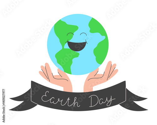 Smiling Earth held by caring hands. Eco-friendly flat vector illustration for Earth Day and environmental protection.