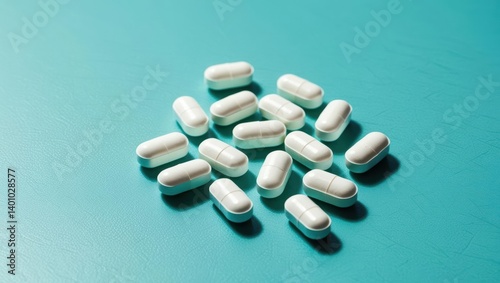 Close-Up View Of White Pills Scattered On A Teal Background, Highlighting Their Smooth Texture And Uniform Shape, Representing Pharmaceutical Products And Medication.