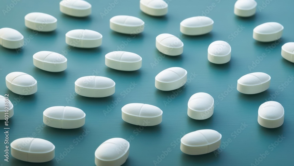 Close-Up View Of White Pills Scattered On A Teal Background, Highlighting Their Smooth Texture And Uniform Shape, Representing Pharmaceutical Products And Medication. Close-Up View Of White Pills Scattered On A Teal Background, Highlighting Their Smooth Texture And Uniform Shape, Representing Pharmaceutical Products And Medication.