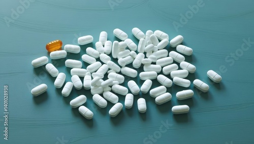 Close-Up View Of White Pills Scattered On A Teal Background, Highlighting Their Smooth Texture And Uniform Shape, Representing Pharmaceutical Products And Medication.