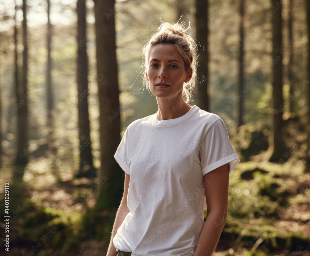 fashion photo of a naturally beautiful woman wearing a plain white t-shirt in the forest fashion photo of a naturally beautiful woman wearing a plain white t-shirt in the forest