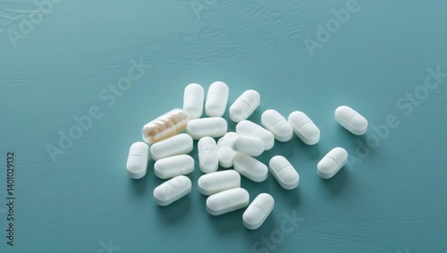Close-Up View Of White Pills Scattered On A Teal Background, Highlighting Their Smooth Texture And Uniform Shape, Representing Pharmaceutical Products And Medication.