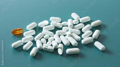 Close-Up View Of White Pills Scattered On A Teal Background, Highlighting Their Smooth Texture And Uniform Shape, Representing Pharmaceutical Products And Medication.