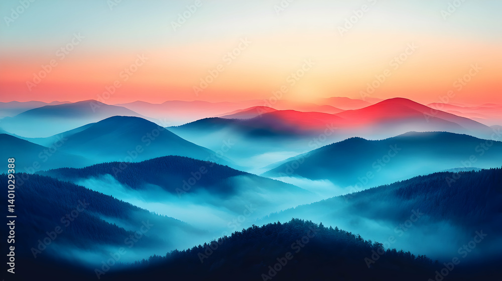 Fototapeta premium Blue and Red Mountain Range at Sunrise with Fog