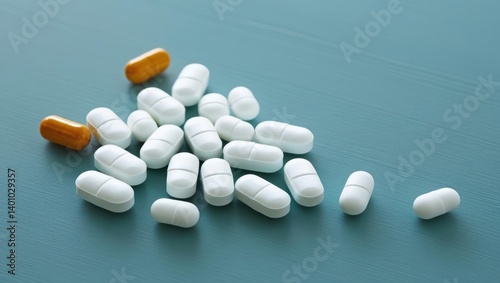Close-Up View Of White Pills Scattered On A Teal Background, Highlighting Their Smooth Texture And Uniform Shape, Representing Pharmaceutical Products And Medication.