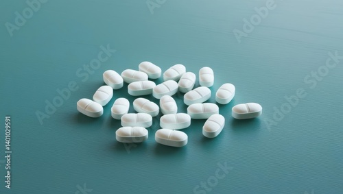 Close-Up View Of White Pills Scattered On A Teal Background, Highlighting Their Smooth Texture And Uniform Shape, Representing Pharmaceutical Products And Medication.