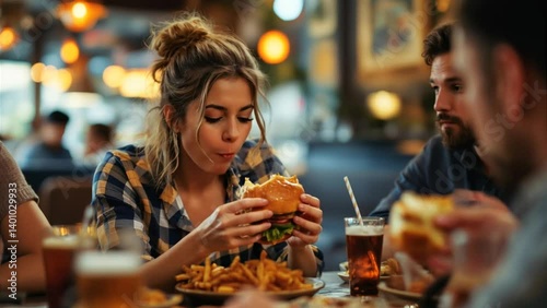 Burger Bliss: A woman savors a delicious burger, french fries and cold drinks with friends in a cozy setting. A moment of pure indulgence.