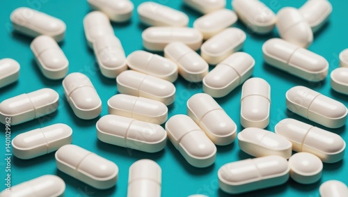 Close-Up View Of White Pills Scattered On A Teal Background, Highlighting Their Smooth Texture And Uniform Shape, Representing Pharmaceutical Products And Medication.