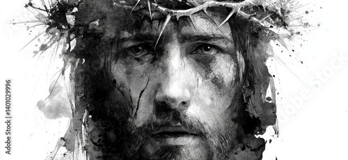 jesus wearing a crown of thorns - black ink drawing on white background