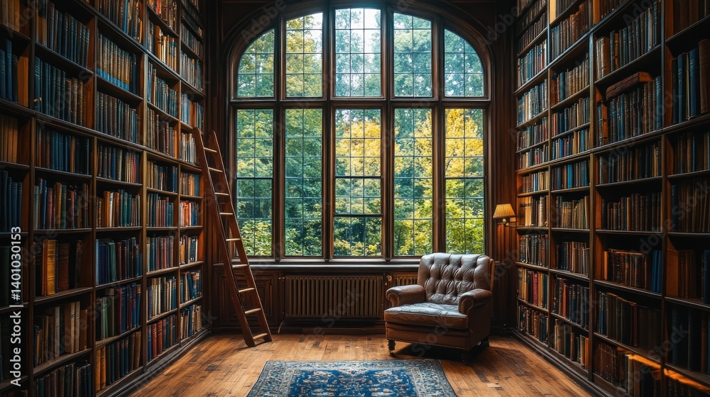 Fototapeta premium Serene Library with Large Window and Bookshelves