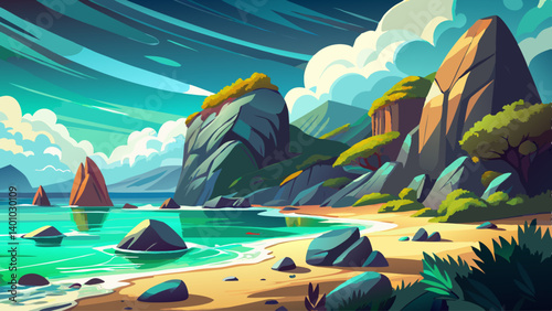 A dramatic beach landscape with giant boulders rising from the turquoise waters.