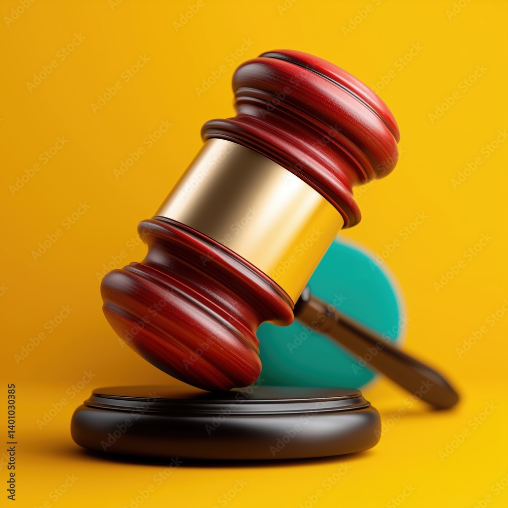A mahogany gavel rests on a dark wood base against a vibrant yellow background symbolizing justice advocacy and the pursuit of equitable legal proceedings for social justice. A mahogany gavel rests on a dark wood base against a vibrant yellow background symbolizing justice advocacy and the pursuit of equitable legal proceedings for social justice.