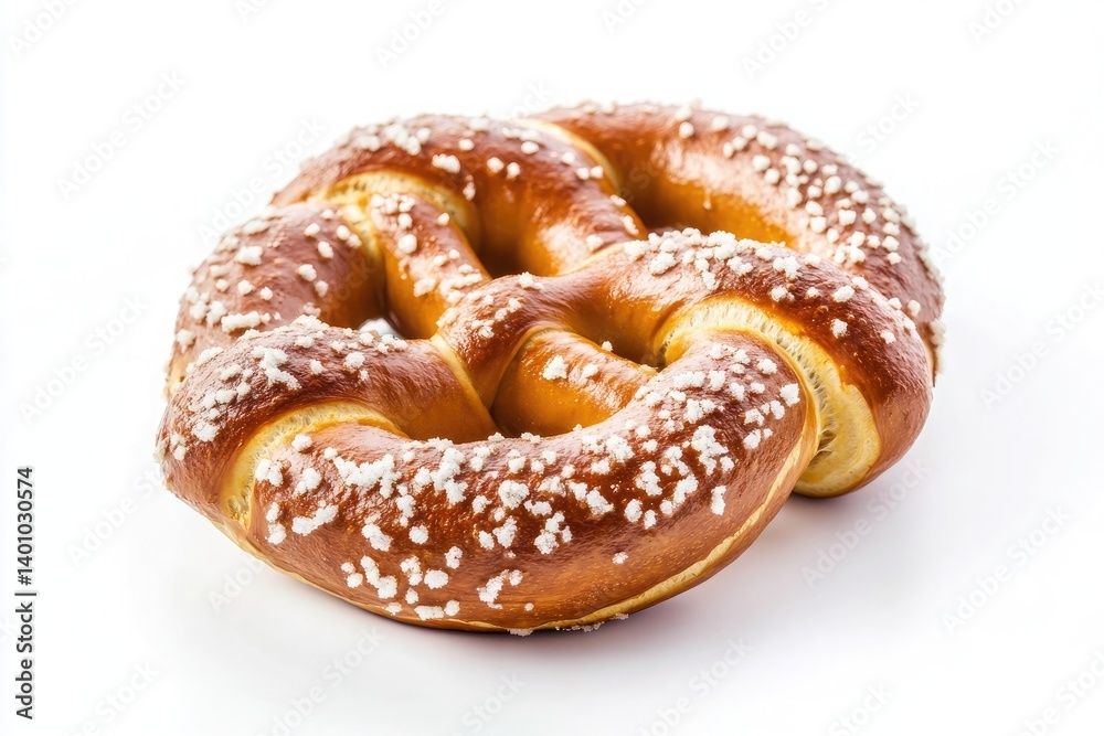 A single pretzel with coarse salt on a white background in a close up studio shot with soft lighting A single pretzel with coarse salt on a white background in a close up studio shot with soft lighting