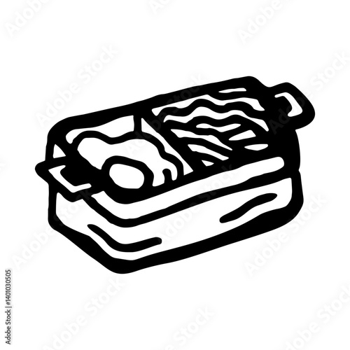 Vector black and white illustration of lunchbox with food, on white isolated background