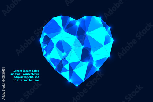 Bright polygonal neon heart glowing in the dark, vector illustration