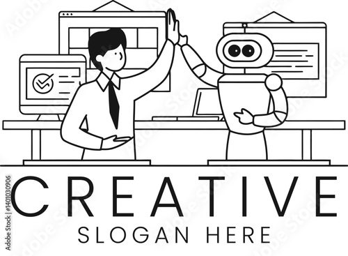 Human Robot Teamwork Creative Business Collaboration Success art line clean black white   
