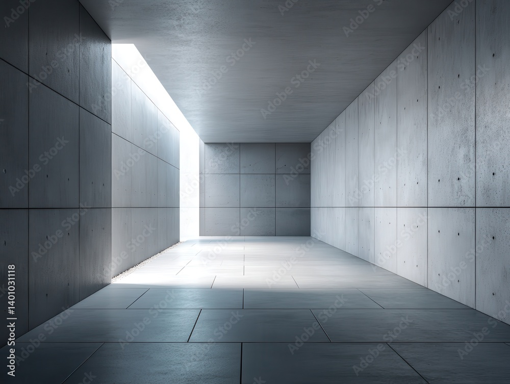 Long minimalist hallway with grey concrete walls and bright daylight creating a modern and tranquil ambiance Long minimalist hallway with grey concrete walls and bright daylight creating a modern and tranquil ambiance