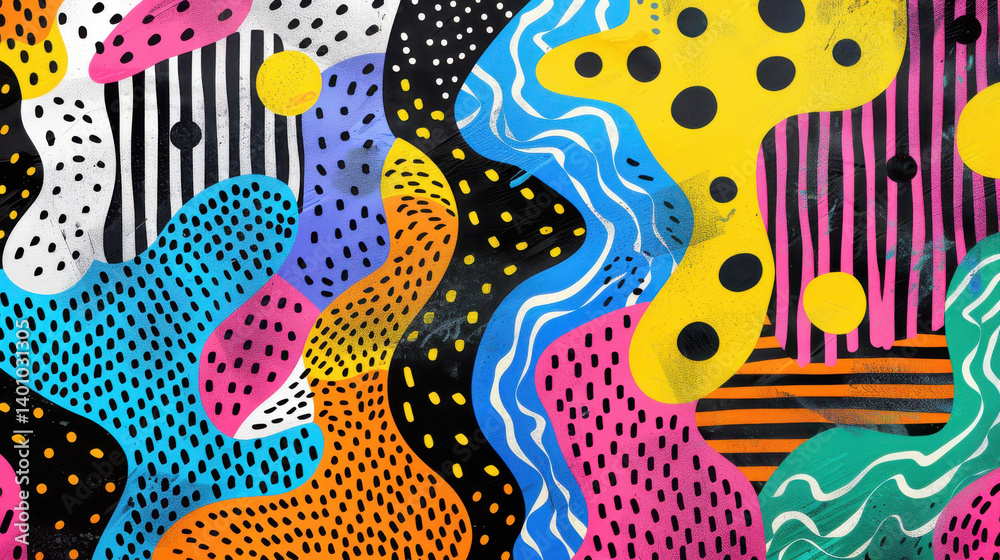 Colorful abstract patterns with vibrant shapes and textures create lively and dynamic composition. design features bold colors, playful lines, and various forms that evoke sense of creativity and Colorful abstract patterns with vibrant shapes and textures create lively and dynamic composition. design features bold colors, playful lines, and various forms that evoke sense of creativity and