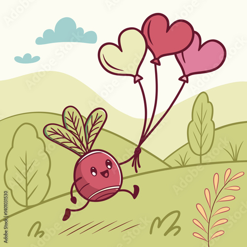 Cute Beet Skipping with Heart-Shaped Balloons – Adorable and Playful Vegetable Vector Design